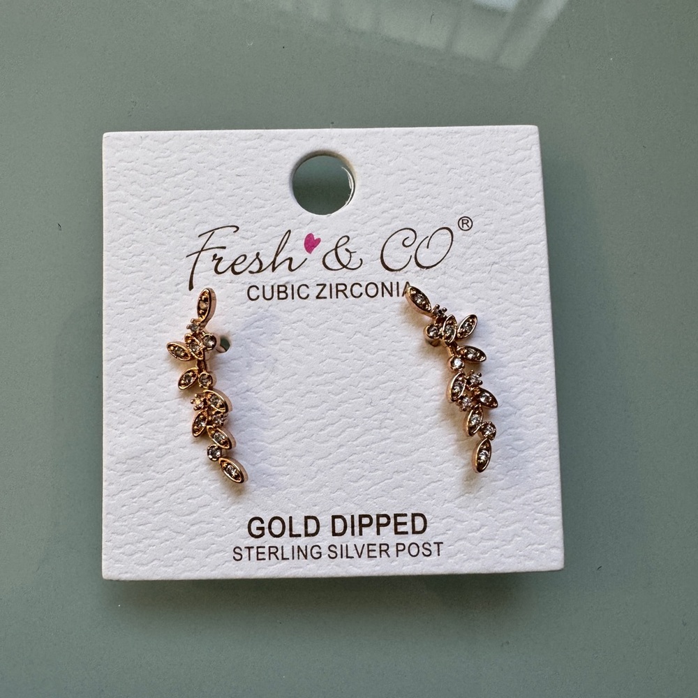 Never Worn Gold-Dipped Leaf Cubic Zirconia Ear Climbers